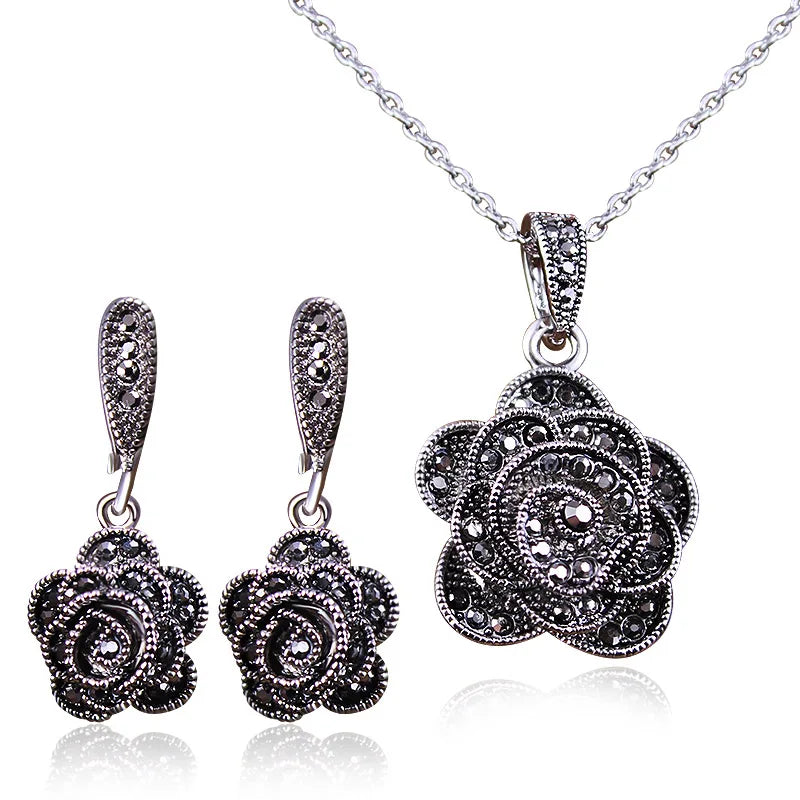 Ajojewel Brand Parure Bijoux Elegant Crystal Rose Flower Necklace Earrings Black Vintage Jewelry Sets For Women