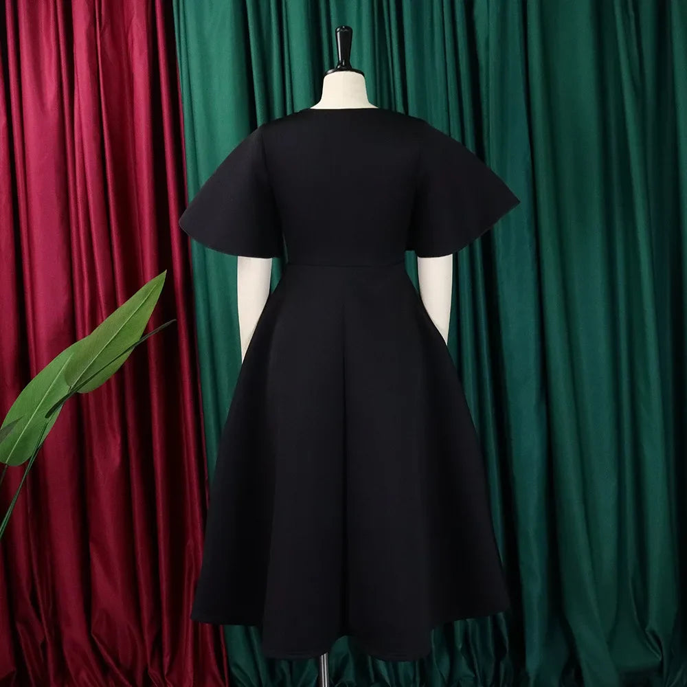 Elegant Dresses for Women V Neck Flare Sleeve High Waisted Pleated A Line Mid Calf Luxury Birthday Party Dinner Vestidos Mujer