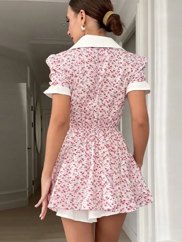 2026 New Y2k Floral Print Mini Dress Elegant Puff Sleeve Peter Pan Collar A-line Dresses Vintage Casual Party Women's Vestidos