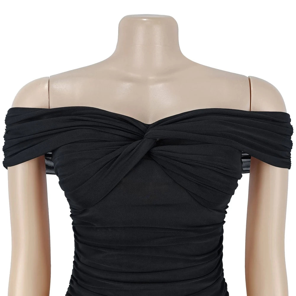 Dresses for Woman 2026 Elegant Sexy Off Shoulder Ruched Cinched Waist Evening Party Mesh Maxi Long Dress Slim Fit Fishtail Gown